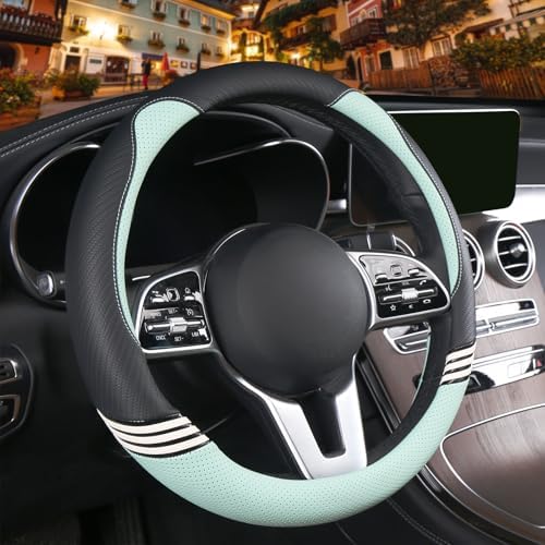 Small 14 inch Cute Leather Steering Wheel Cover Black and Green by Binsheo