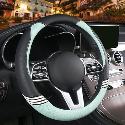 Small 14 inch Cute Leather Steering Wheel Cover Black and Green by Binsheo