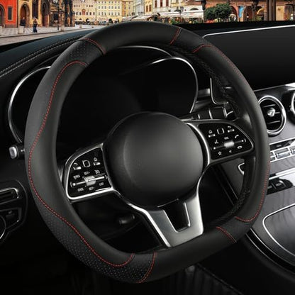 Black Microfiber Leather D Shaped Steering Wheel Cover - Image 2