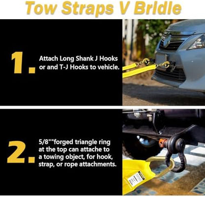 3" x 36" Tow Straps Recovery V Bridle Strap w/8" J Hooks T-J Hooks - Image 5