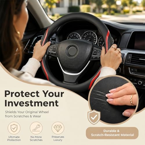 Steering Wheel Cover Black and Red Leather Universal 14.5-15 inch - Image 4