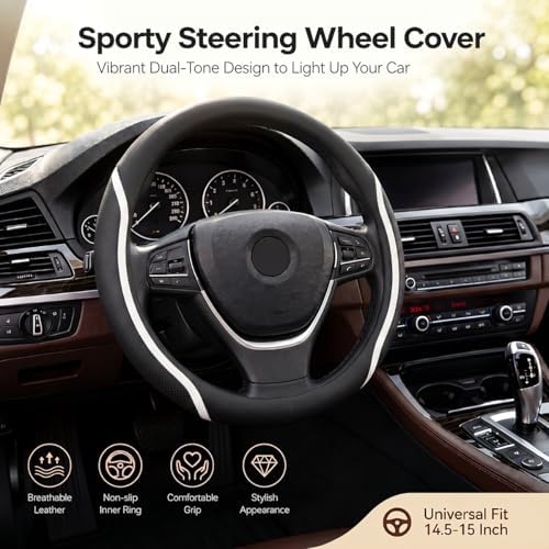Steering Wheel Cover Black and White Leather Universal 14.5-15 inch - Image 6