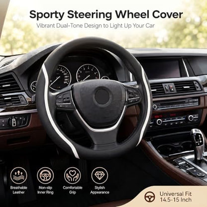 Steering Wheel Cover Black and White Leather Universal 14.5-15 inch - Image 6