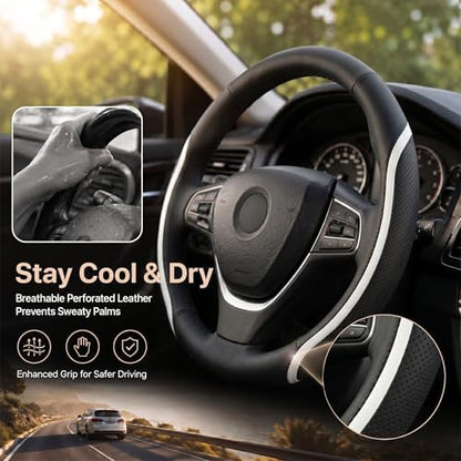 Steering Wheel Cover Black and White Leather Universal 14.5-15 inch - Image 4