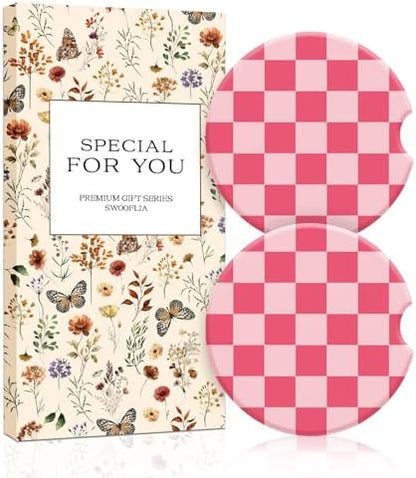 Swooflia Checkerboard Ceramic Car Coasters Set of 2, Light and Dark Pink by Swooflia