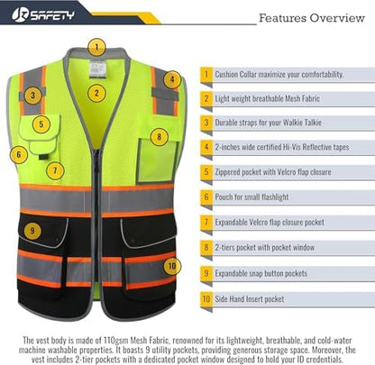 JKSafety Hi Vis Safety Vest for Men Women Cushioned Collar JK101 YBlack 5XL - Image 3
