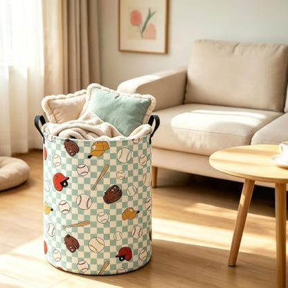 Round Laundry Basket Collapsible Storage Hamper Green Grid Baseball - Image 7