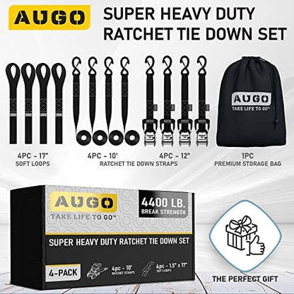 AUGO Heavy Duty Ratchet Straps & Soft Loops – Pack of 4 Extra Strong 1.5” by - Image 4