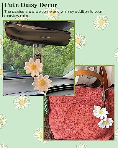 Crochet Daisy Car Accessories for Women Cute Rear View Mirror Hanging Charm - Image 4