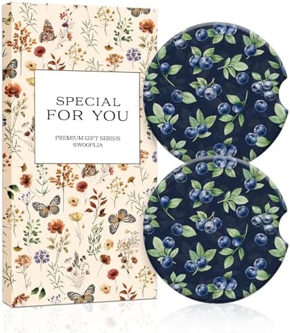 Swooflia Ceramic Car Coasters Set of 2, Dark Blue Blueberry Absorbent Cup by Swooflia