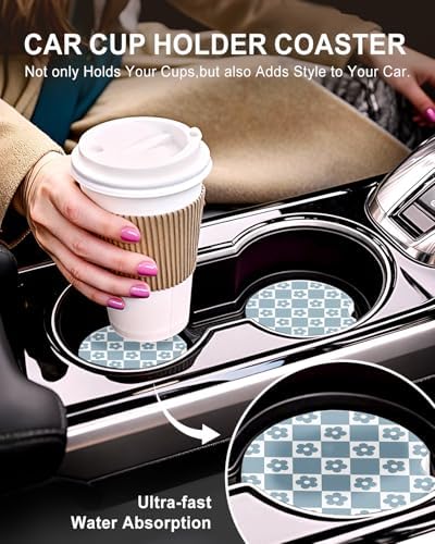 Swooflia Cute Girly Ceramic Car Coasters Blue Checkered Cup Holder Coasters - Image 5