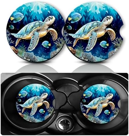 2Pcs Sea Turtle Cars Coasters, 2.75" Neoprene Rubber Cup Holder Coasters by Databa