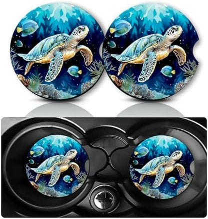 2Pcs Sea Turtle Cars Coasters, 2.75" Neoprene Rubber Cup Holder Coasters by Databa