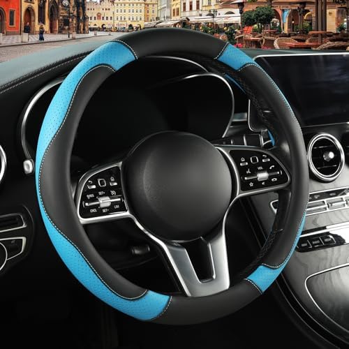 Black Blue Microfiber Leather Steering Wheel Cover 15 inch by Binsheo