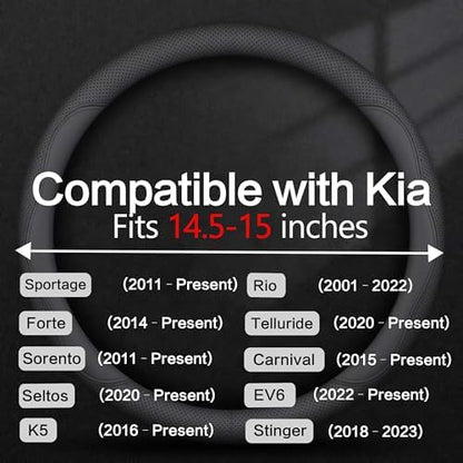 Leather Car Steering Wheel Cover, Breathable Laser-Perforated, Pure Black - Image 3