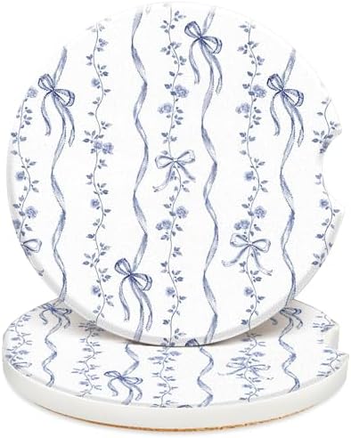 Swooflia Cute Girly Ceramic Car Coasters Blue Bow Cup Holder Coasters by Swooflia