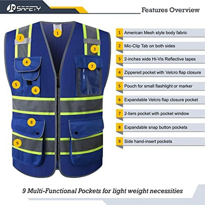 JKSafety Safety Vest for Men Women Reflective Hi Vis JK100 Blue M - Image 3