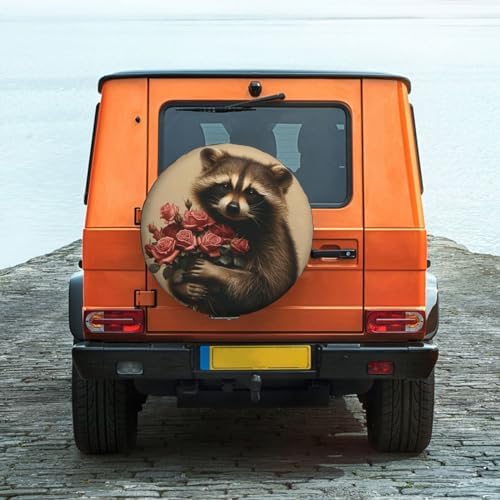 Funny Raccoon Spare Tire Cover Raccoon Holding A Boquet of Roses Wheel Protector - Image 6