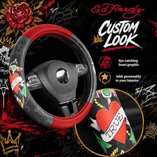 ED HARDY Heart Print Steering Wheel Cover, Fits 14.5-15.5 Inch Steering Wheels - Image 3