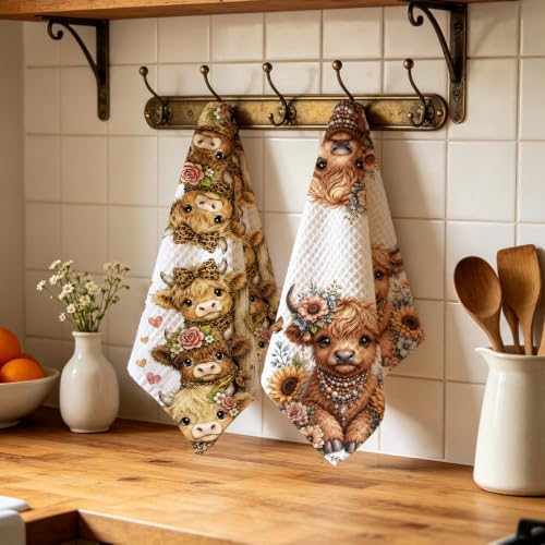2 Pcs Cute Highland Cow Kitchen Towels, Cows Soft Absorbent Hand Towels 01 - Image 4