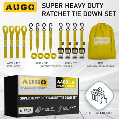 AUGO Heavy Duty Ratchet Straps & Soft Loops – Pack of 4 Extra Strong 1.5” by - Image 4