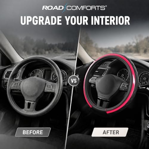 Road Comforts Leather Steering Wheel Cover – Black & Hot Pink, Universal Fit - Image 5