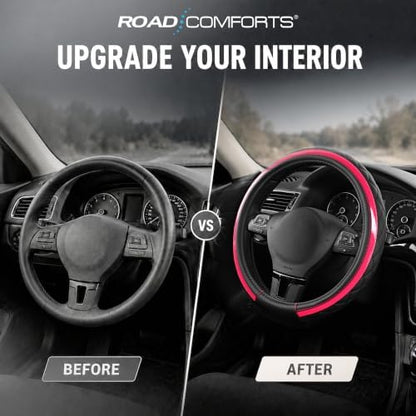 Road Comforts Leather Steering Wheel Cover – Black & Hot Pink, Universal Fit - Image 5