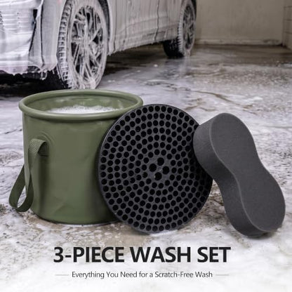 3-Piece Swirl-Free Car Wash Kit Dirt Trap Insert Collapsible Bucket Sponge - Image 3