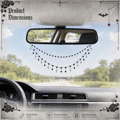 Double Chain Gothic Cross Rear View Mirror Charm Halloween Car Decor Gift - Image 2