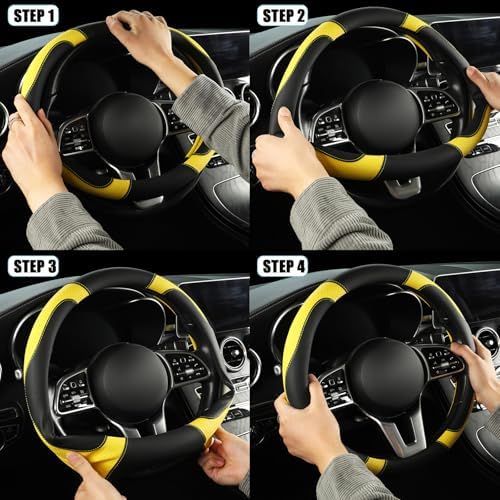 Black Yellow Microfiber Leather Steering Wheel Cover 14 inch - Image 6