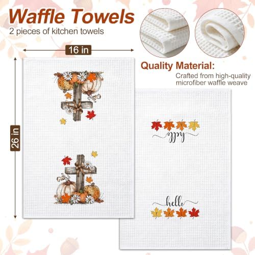 Fall Kitchen Towels Set of 2, Waffle Weave Hand Towels 16x26 Inch - Image 2