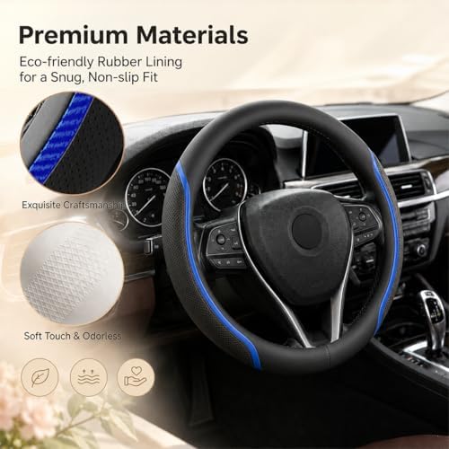 Steering Wheel Cover Blue and Black Leather Universal 14.5-15 inch - Image 6