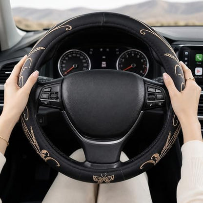 Beige Embroidery Butterfly Car Steering Wheel Cover, 14.5-15 Inch Universal - Image 3