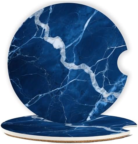 Ceramic Car Cup Holder Coasters Set of 2, 2.56 in Dark Blue Marble by Mengduxd