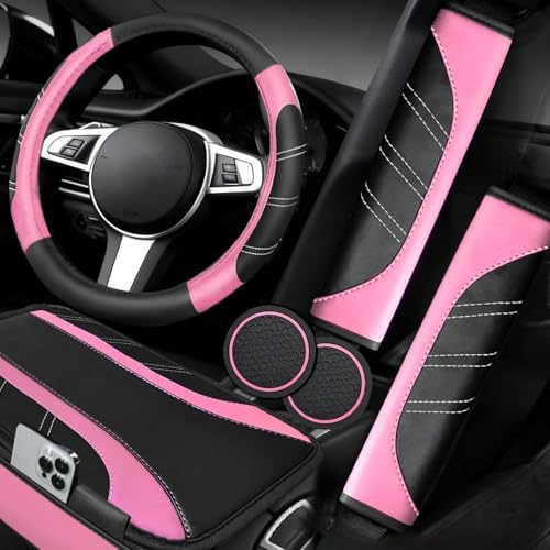 NBTEPEM 6 Pcs Pink Steering Wheel Cover Set, Sport Microfiber Leather Steering by NBTEPEM