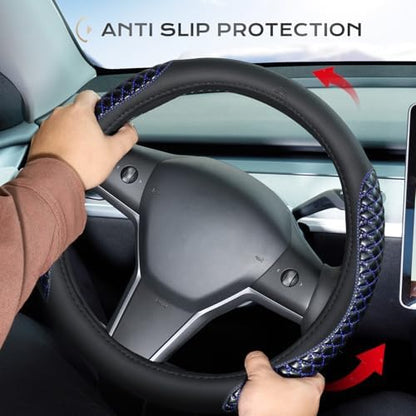 Coverado Car Steering Wheel Cover, Nappa Leather Black & Blueline Steering - Image 3