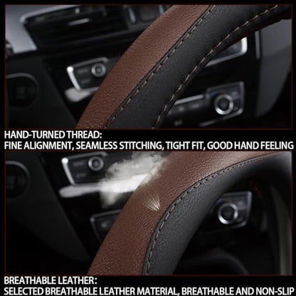 BESULEN 15 Inch Steering Wheel Cover Soft Leather Protector Black/Coffee - Image 5