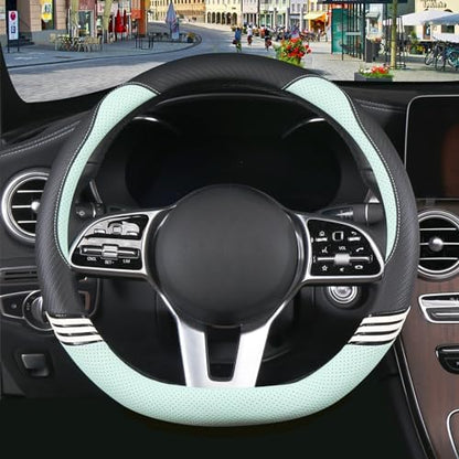 15 inch Cute Leather D Shape Steering Wheel Cover Black Green by Binsheo