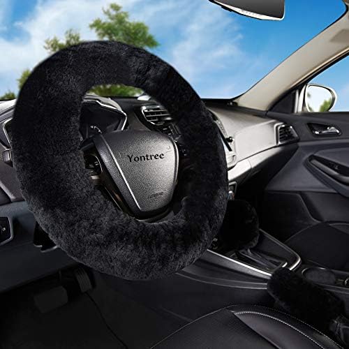 Black Furry Genuine Sheepskin Steering Wheel Cover Set by Yontree