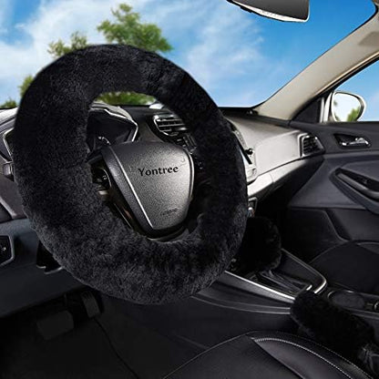 Black Furry Genuine Sheepskin Steering Wheel Cover Set by Yontree
