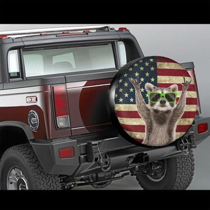 PVC Leather Spare Tire Covers for Trailers, Funny Raccoon Rock Flag USA Wheel - Image 3
