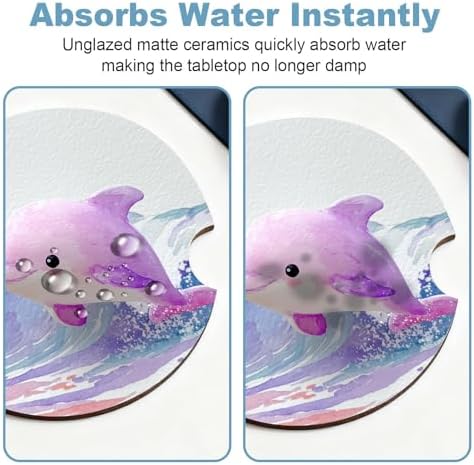 Ceramic Car Cup Holder Coasters Set of 2, 2.56 in Purple Dolphin - Image 5