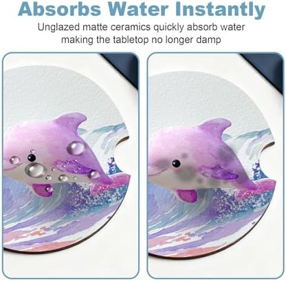 Ceramic Car Cup Holder Coasters Set of 2, 2.56 in Purple Dolphin - Image 5