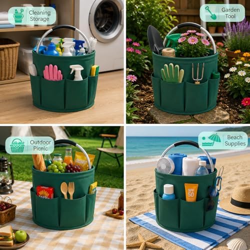 Portable Cleaning Caddy with Handle, Foldable Supply Organizer-dark green - Image 4