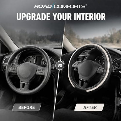 Road Comforts Leather Steering Wheel Cover – Black & Silver, Universal Fit - Image 5