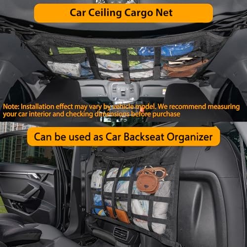 Car Ceiling Cargo Net with 3 Pockets, 31.5"x21.6" Car Overhead Storage Mesh - Image 2