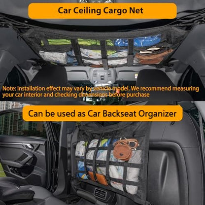Car Ceiling Cargo Net with 3 Pockets, 35.4"x23.6" Car Overhead Storage Mesh - Image 2