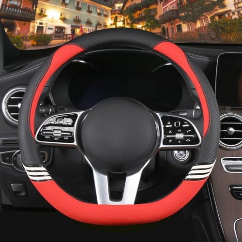 14 inch Cute Leather D Shape Steering Wheel Cover Black Red by Binsheo