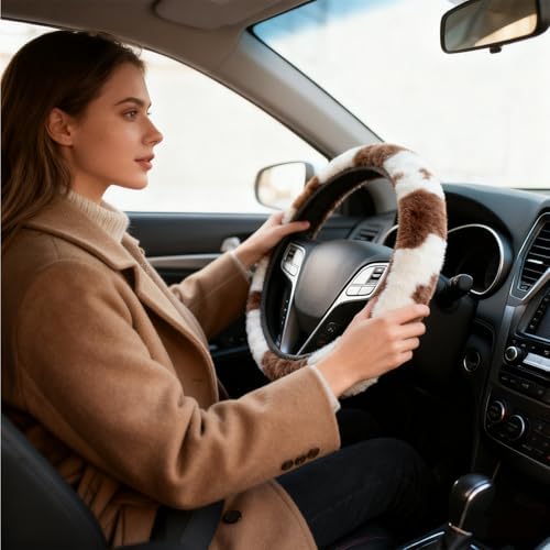 Brown Cow Print Fuzzy Steering Wheel Cover Universal-2PCS Car Coasters - Image 5