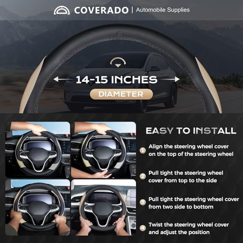 Coverado Car Steering Wheel Cover, Nappa Leather Black & Brown Steering Wheel - Image 5